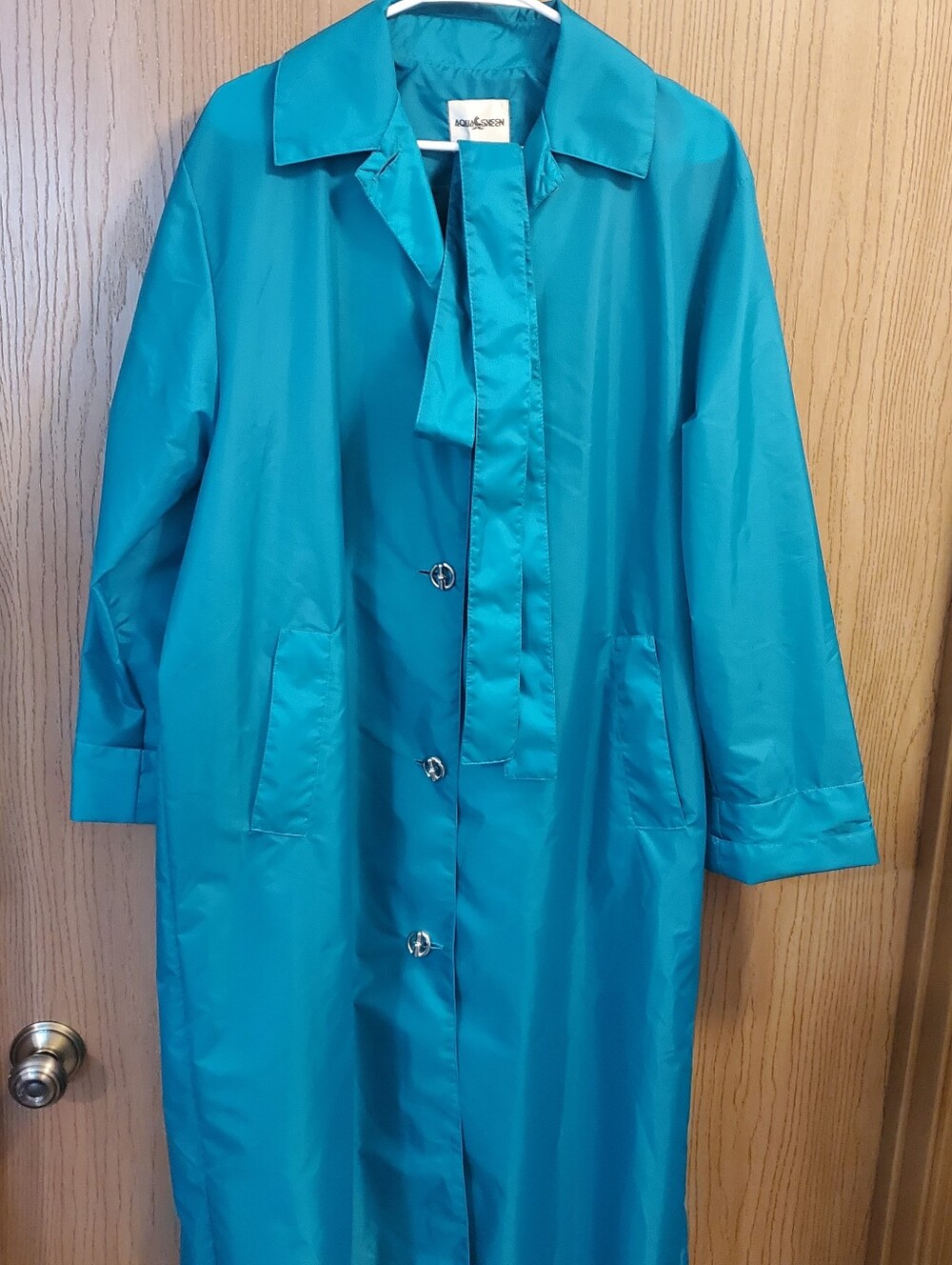 Vintage Aqua Sheen Emerald Green Long Lightweight Women's Trench Coat size M